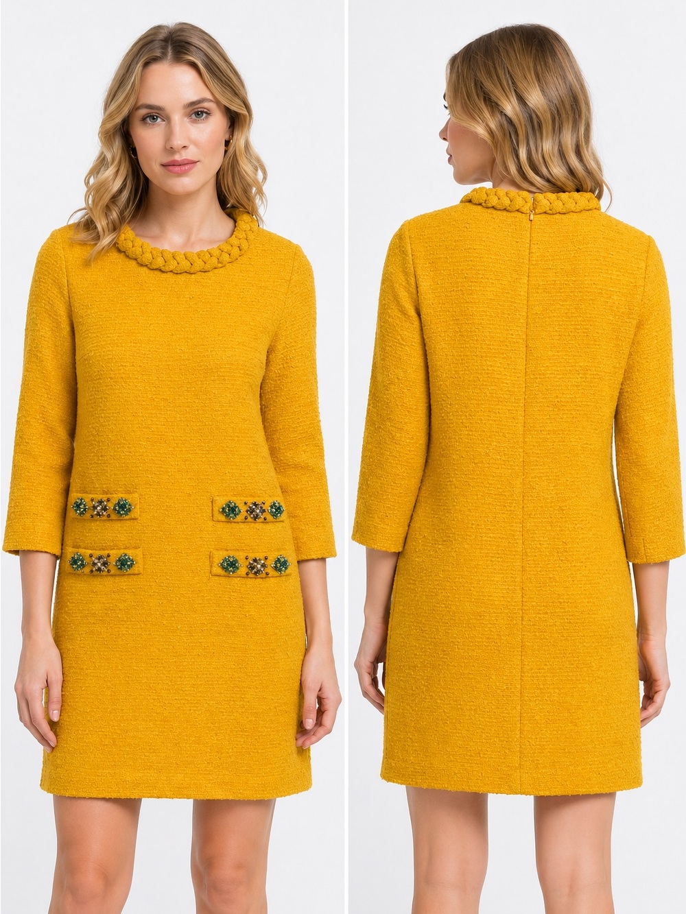 Tuckernuck Tweed Jackie Dress Yellow Embellished shift Braided Neckline